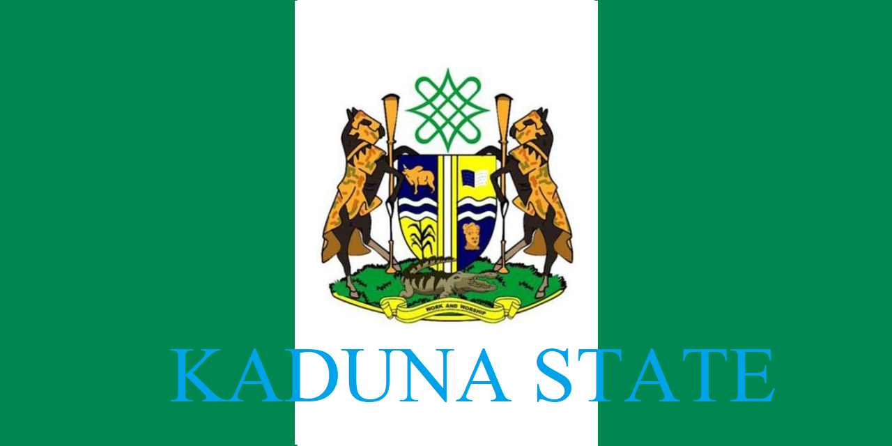 Flag of Kaduna State with the state coat of arms in the center and the words KADUNA STATE in blue text below.
