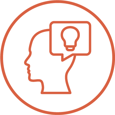 Icon of a person's head with a speech bubble containing a light bulb inside, representing ideas or creativity.