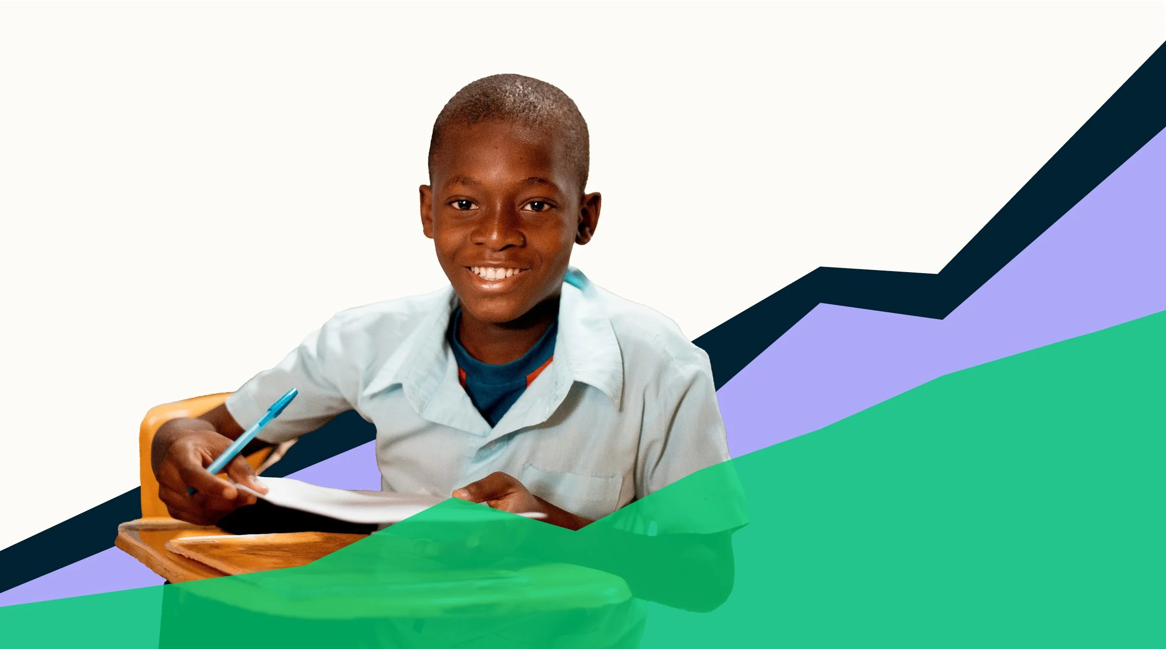 A smiling boy sitting at a desk, holding a pen and writing on paper, with a background featuring a stylized chart with upward trend lines in purple, green, and black.