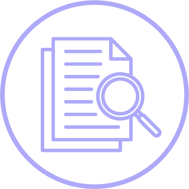 Icon of a document with a magnifying glass over it, inside a circle.