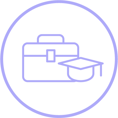 Icon of a briefcase and graduation cap inside a circle.