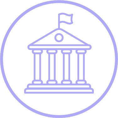 Icon of a government or institutional building with columns and a flag on top, inside a circular outline.