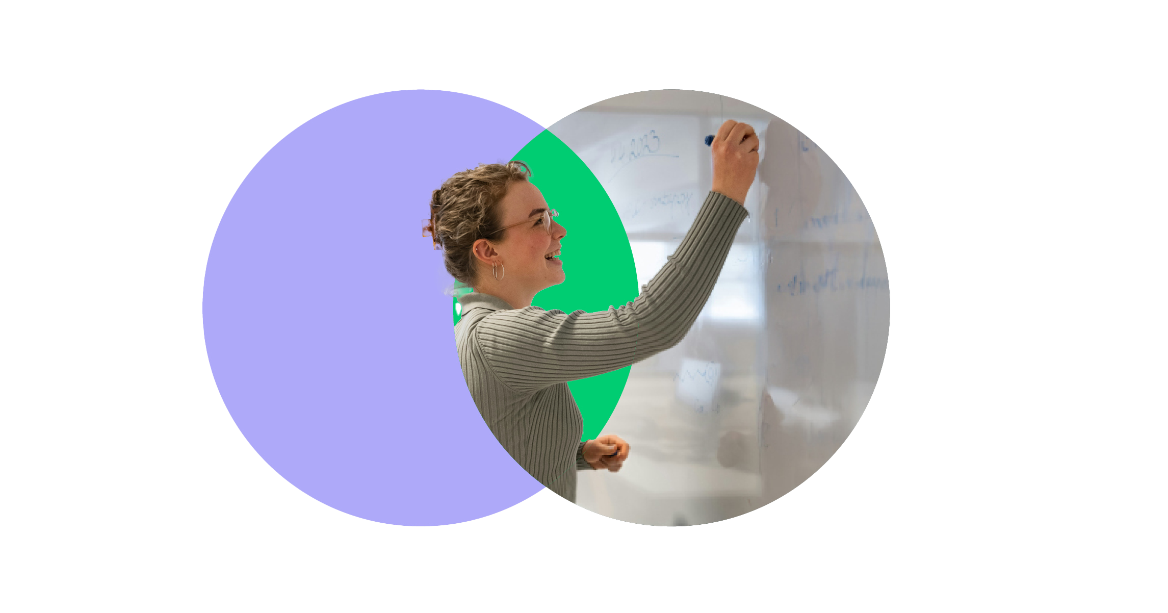 A woman with glasses and earrings writing on a whiteboard in a classroom or office setting.
