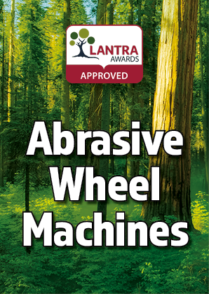A green forest background with a logo indicating LANTRA awards approved and the text 'Abrasive Wheel Machines' in bold white letters.
