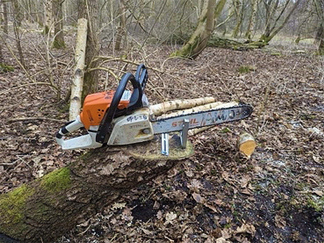 A chainsaw resting on a fallen tree in a wooded area with bare trees and a forest floor covered in leaves.