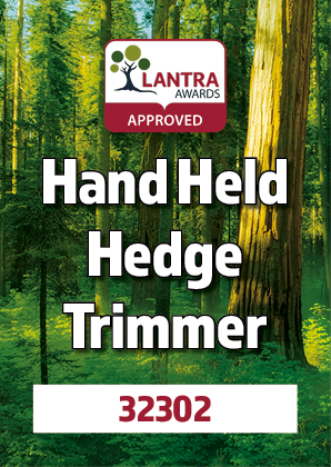 Label for a hand-held hedge trimmer, approved by Lantra Awards, with the number 32302, set against a forest background.