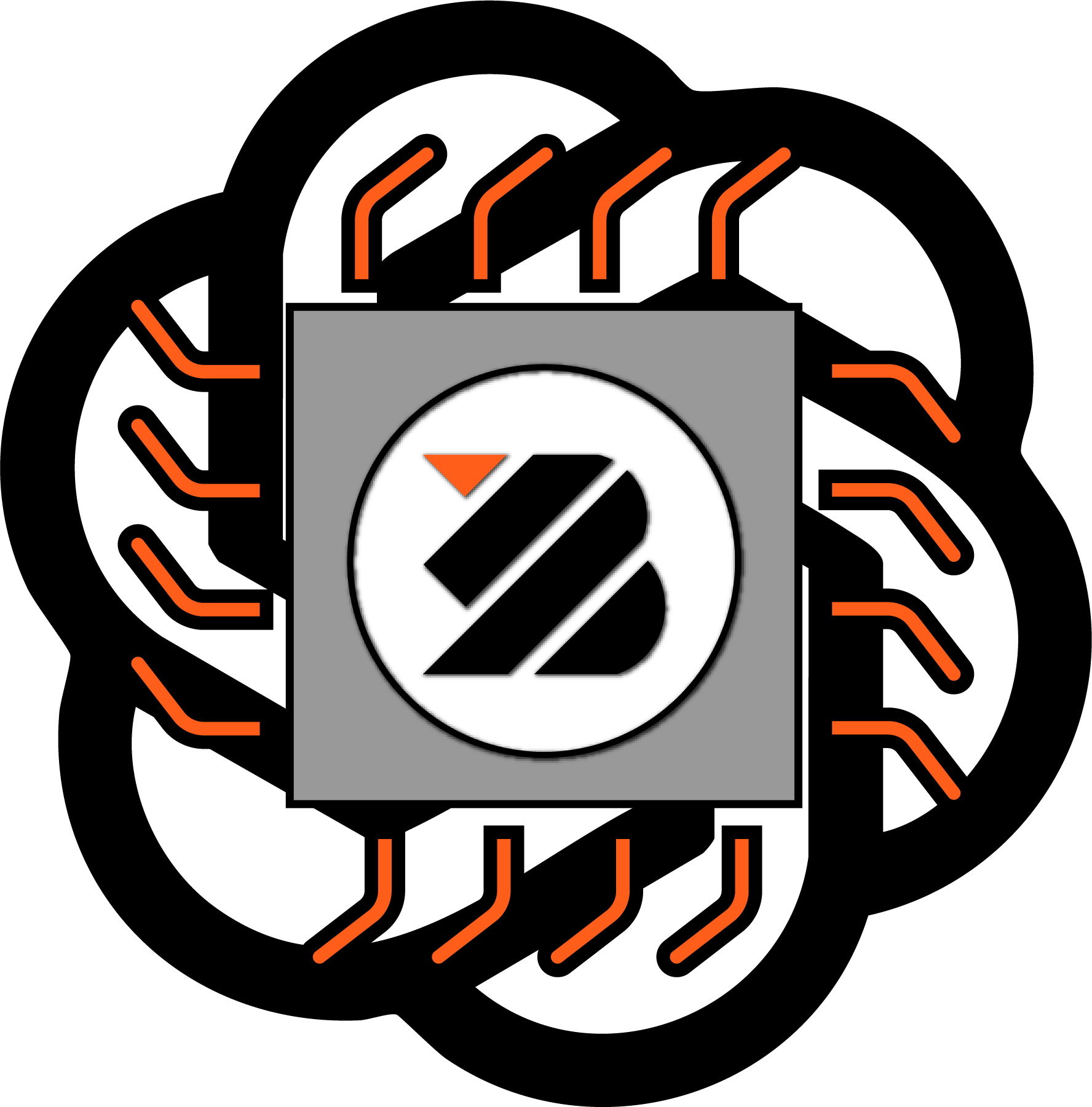 Symbol eines integrierten Schaltkreises mit einem Logo in der Mitte, umgeben von orangefarbenen Leitungen, typisch für elektronische Geräte.