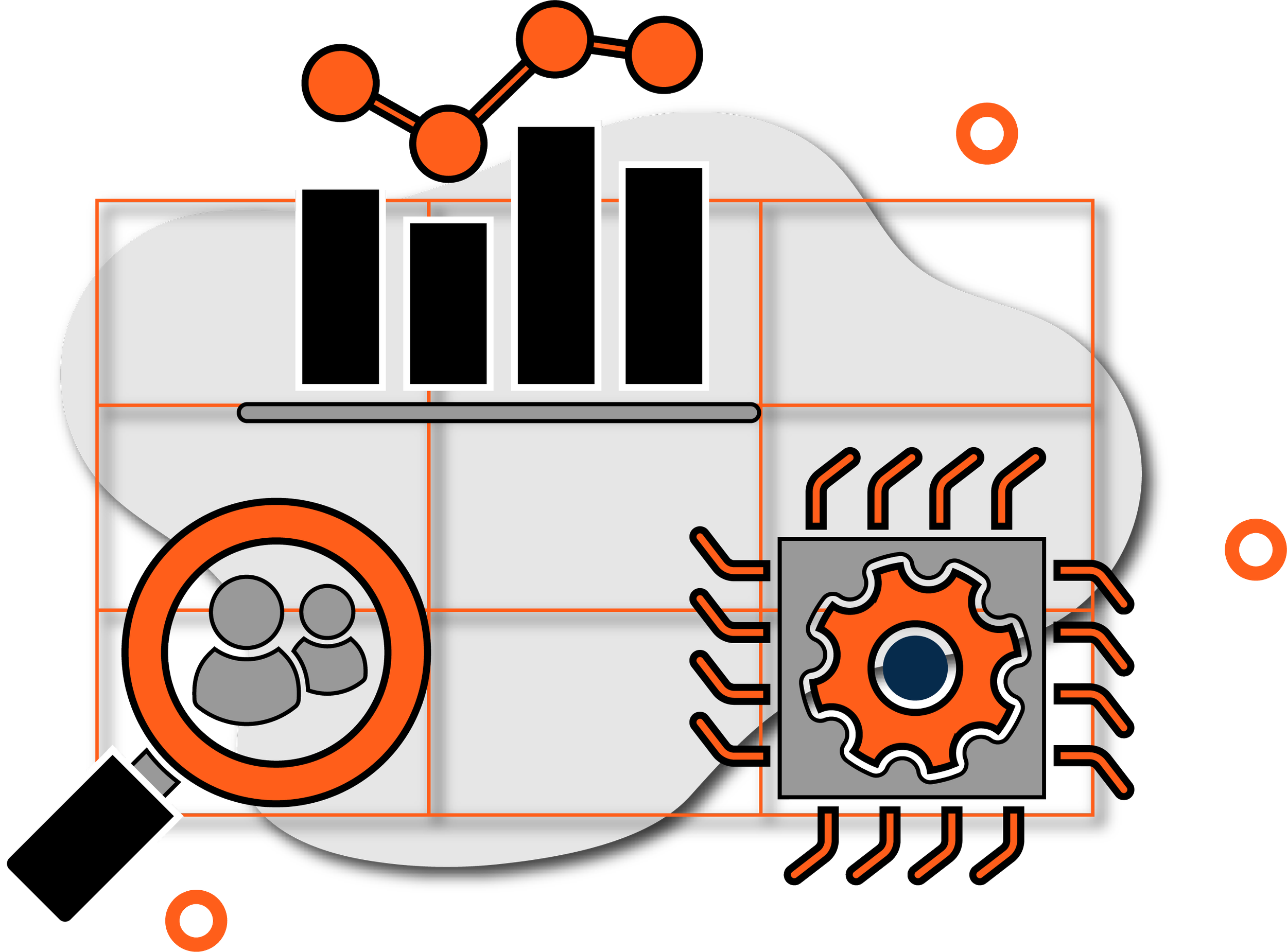 Grafik mit Symbolen für Datenanalyse, Team, Automatisierung, und Cloud-Computing, in den Farben Schwarz, Weiß, Grau und Orange.