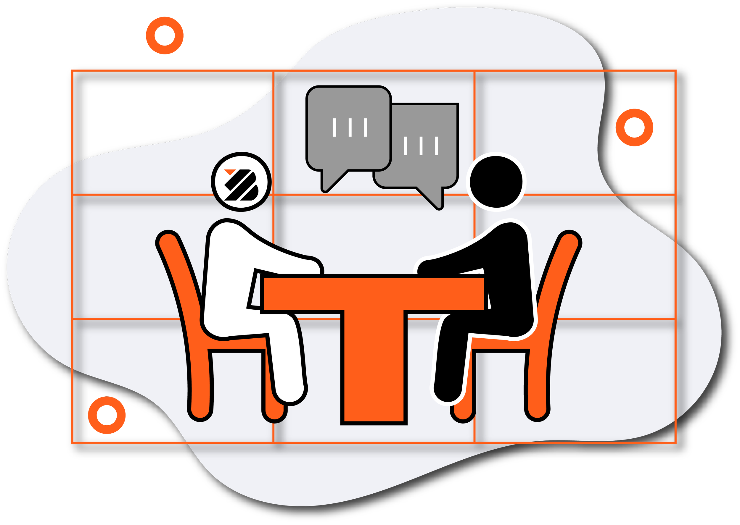 Grafische Illustration von zwei Personen, die an einem Tisch sprechen, mit Sprechblasen über ihnen. Die Szene ist stilisiert in Schwarz, Weiß und Orange, mit Rasterlinien im Hintergrund.