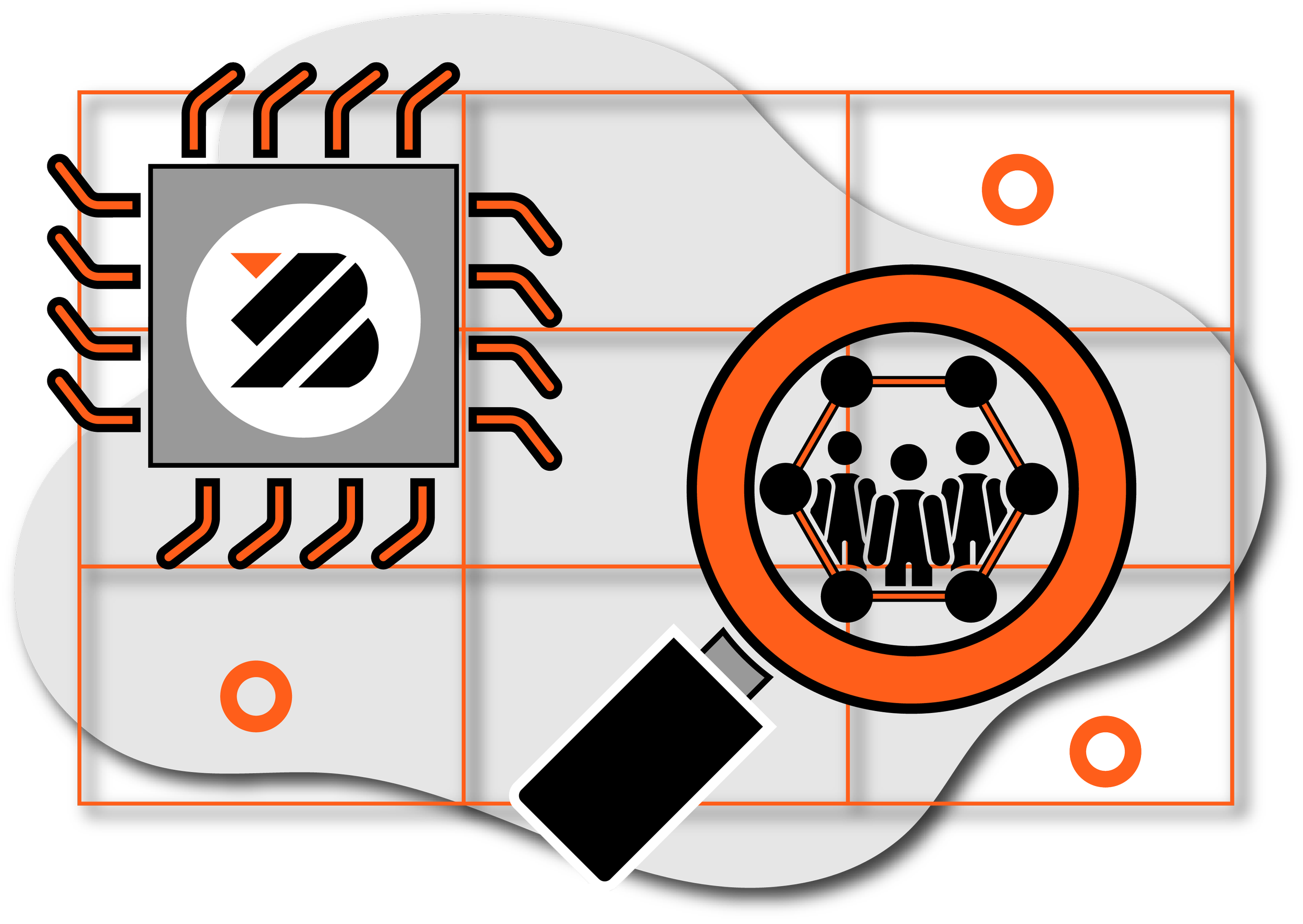 Grafik mit technologischen Symbolen, darunter ein Mikrochipsymbol, eine Gruppe von Menschen in einem Kreis, und Elemente in dunklen, weißen, schwarzen und orangefarbenen Tönen.