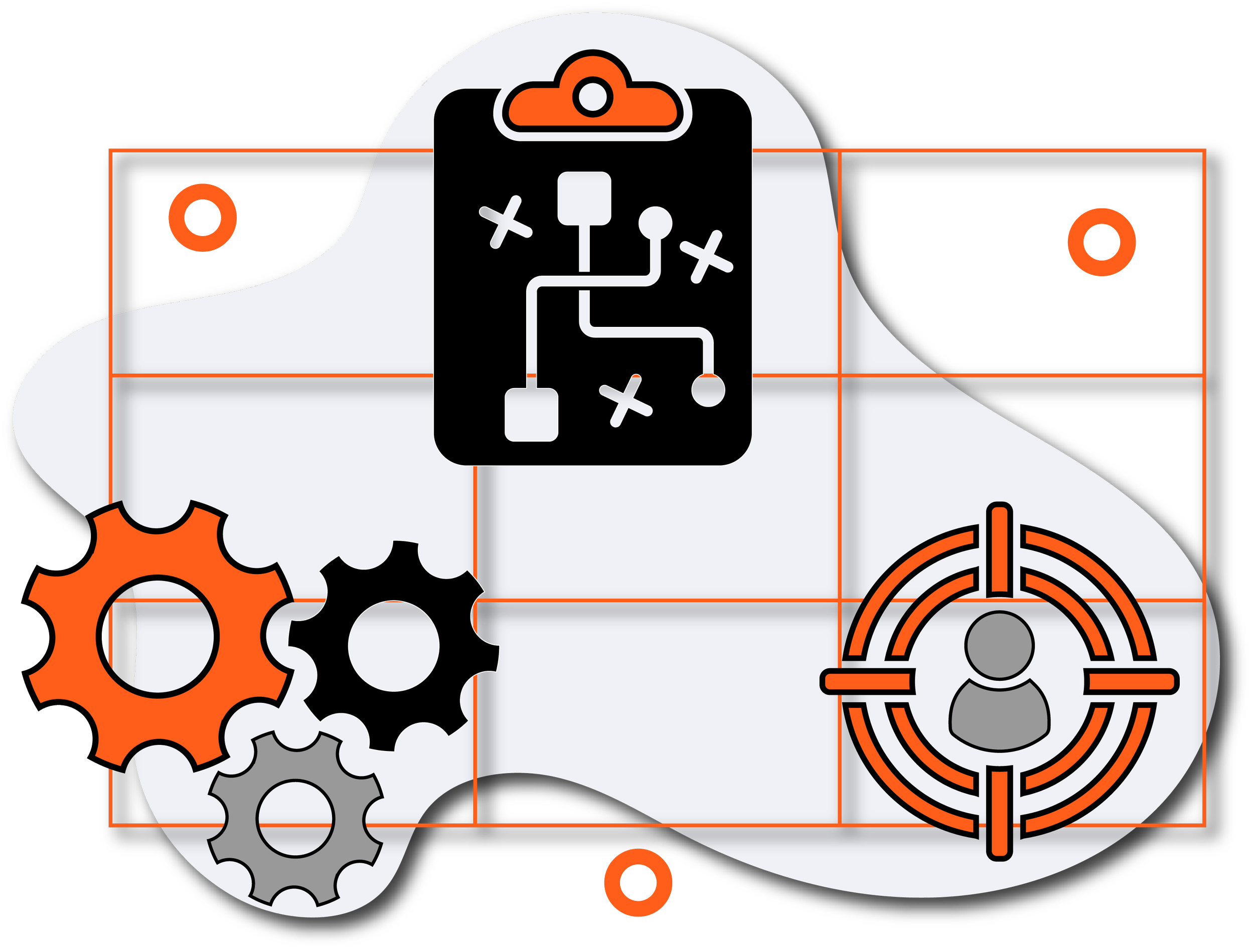 Diagramm mit Zahnrädern, Zielscheibe mit Menschensymbol, Strategiekarten und technischem Ablauf, orange, schwarz, grau und weiß Farben.