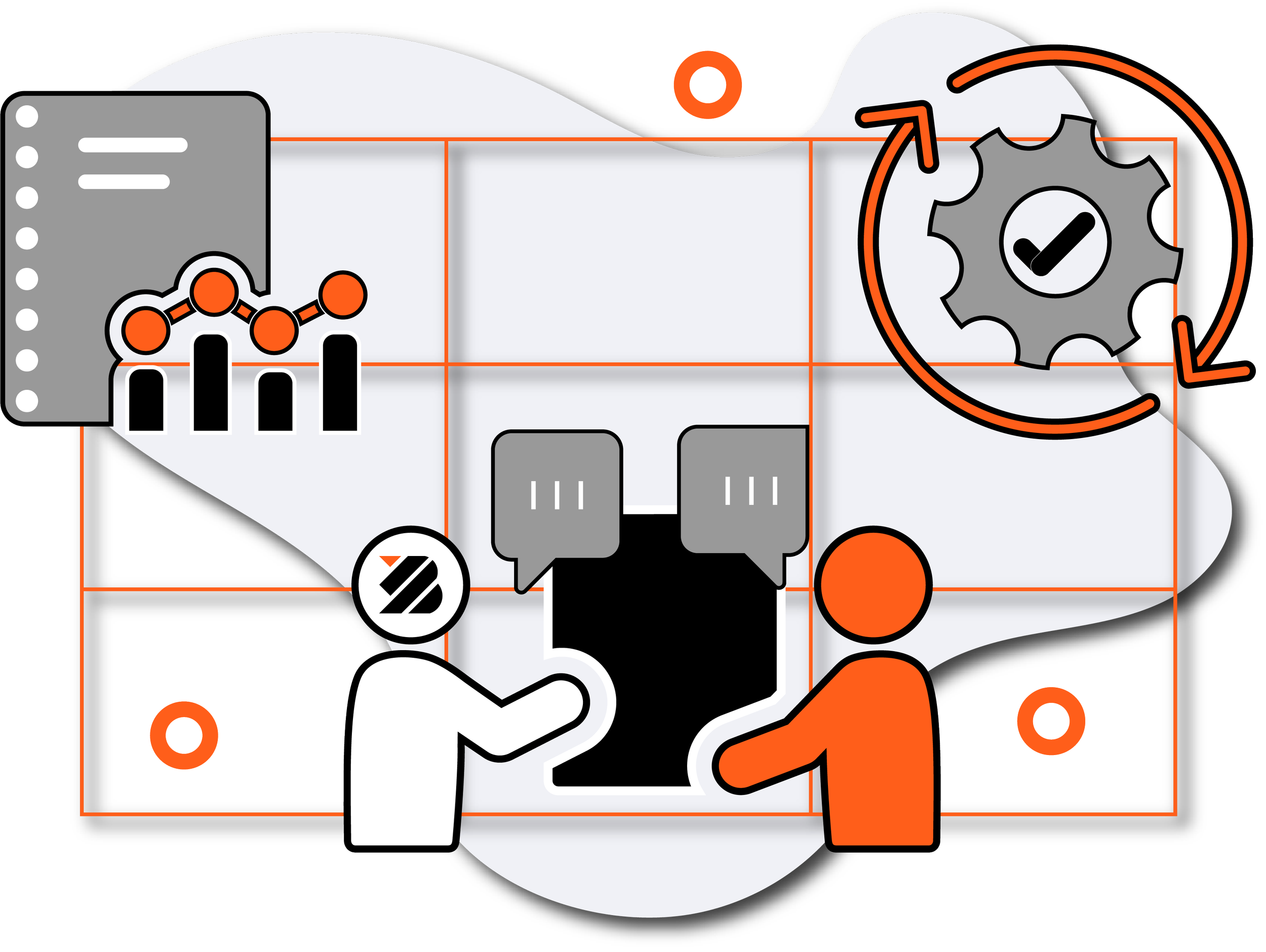 Grafik mit zwei Personen, die miteinander sprechen, umgeben von Symbolen für Analysen, Prozessoptimierung, Feedback und Zusammenarbeit.