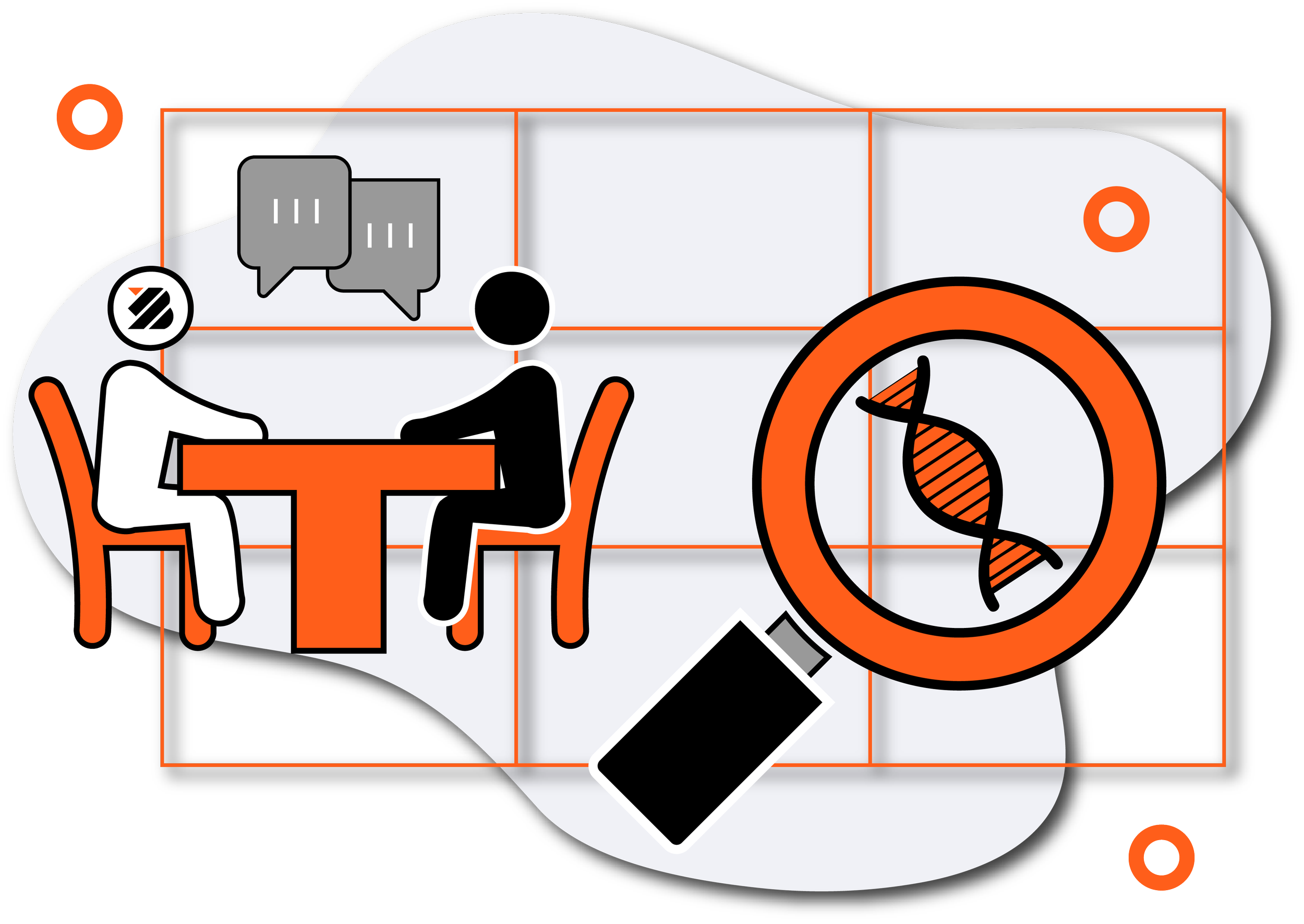 Symbolbild eines Gesprächs zwischen zwei Menschen, das durch Sprechblasen dargestellt wird. Es gibt eine Lupe mit einem DNA-Strang, Hinweis auf genetische Forschung oder Medizin, und ein verboten-Zeichen. Das Design ist in Schwarz, Weiß und Orange gehalten, mit einer Rasterung im Hintergrund.
