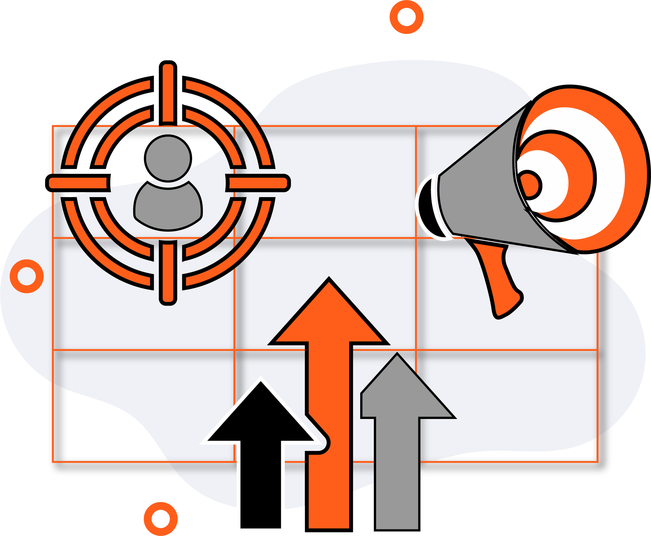 Grafik mit Zielscheibe, Megaphon, Pfeilen nach oben und eine Person im Ziel.»}