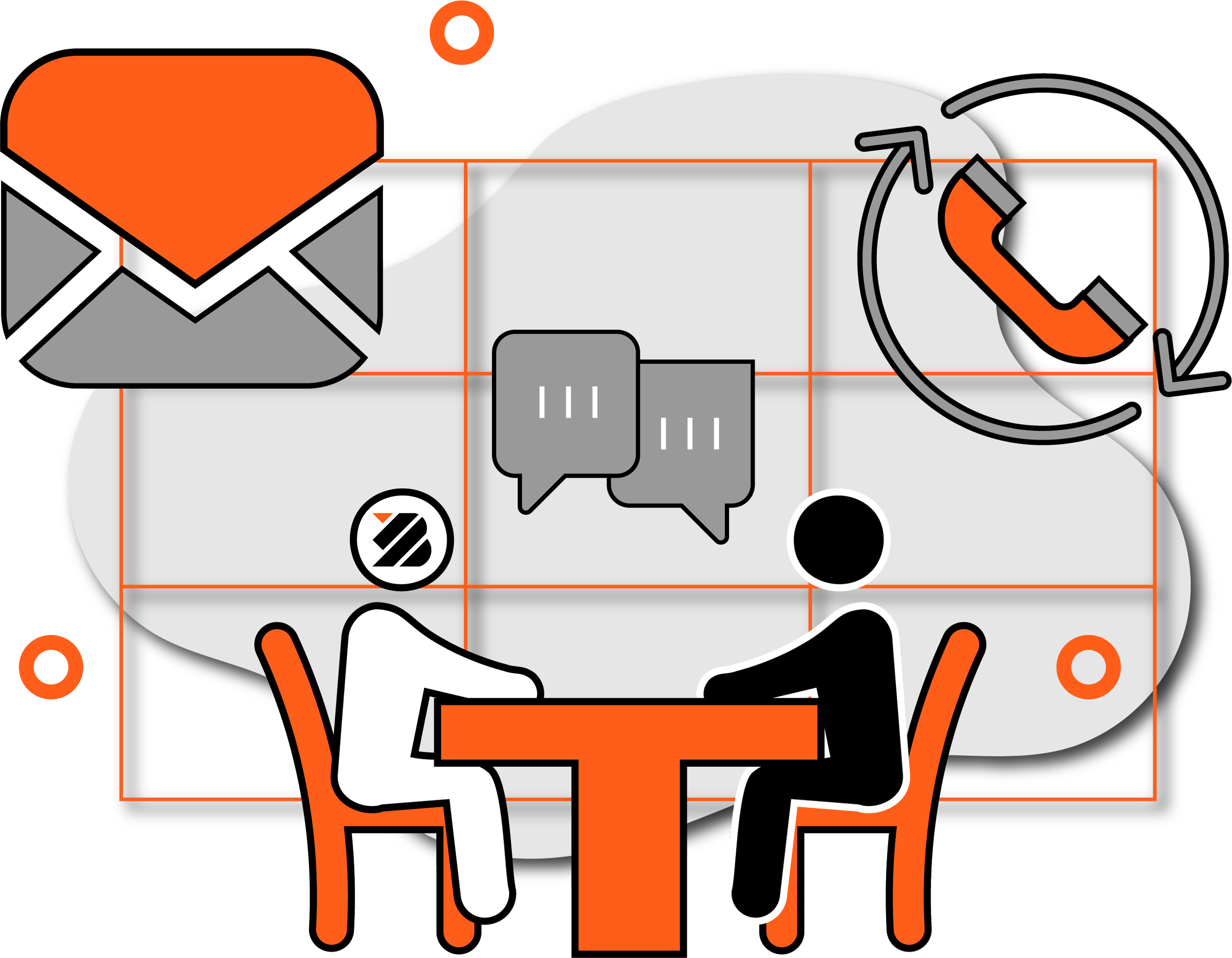 Zwei Personen sitzen sich gegenüber an einem Tisch, die eine Person ist schwarz, die andere weiß. Es gibt Sprechblasen zwischen ihnen, ein Telefon in einer Ecke, eine große Briefumschlag-Ikone und eine Herz-Ikone im oberen Bereich.