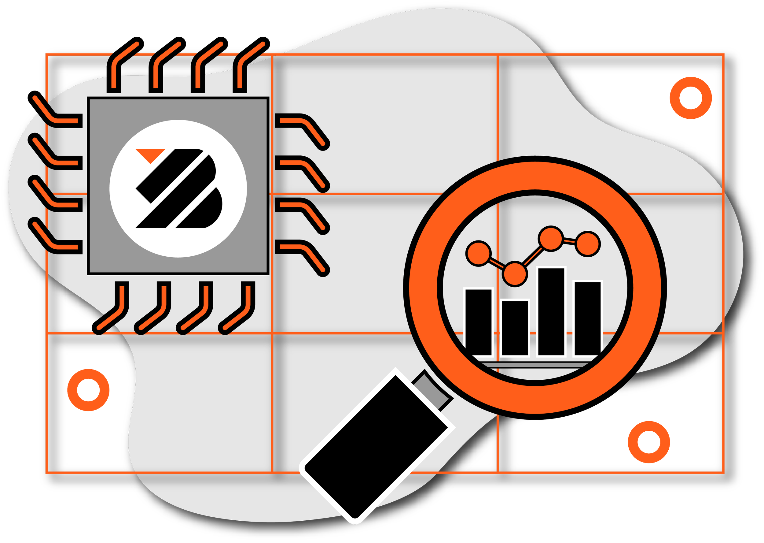 Grafik mit elektronischer Schaltung, einem Computerchip, einem Lupen-Icon mit Bar- und Liniendiagramm, und Markierungen in orange.
