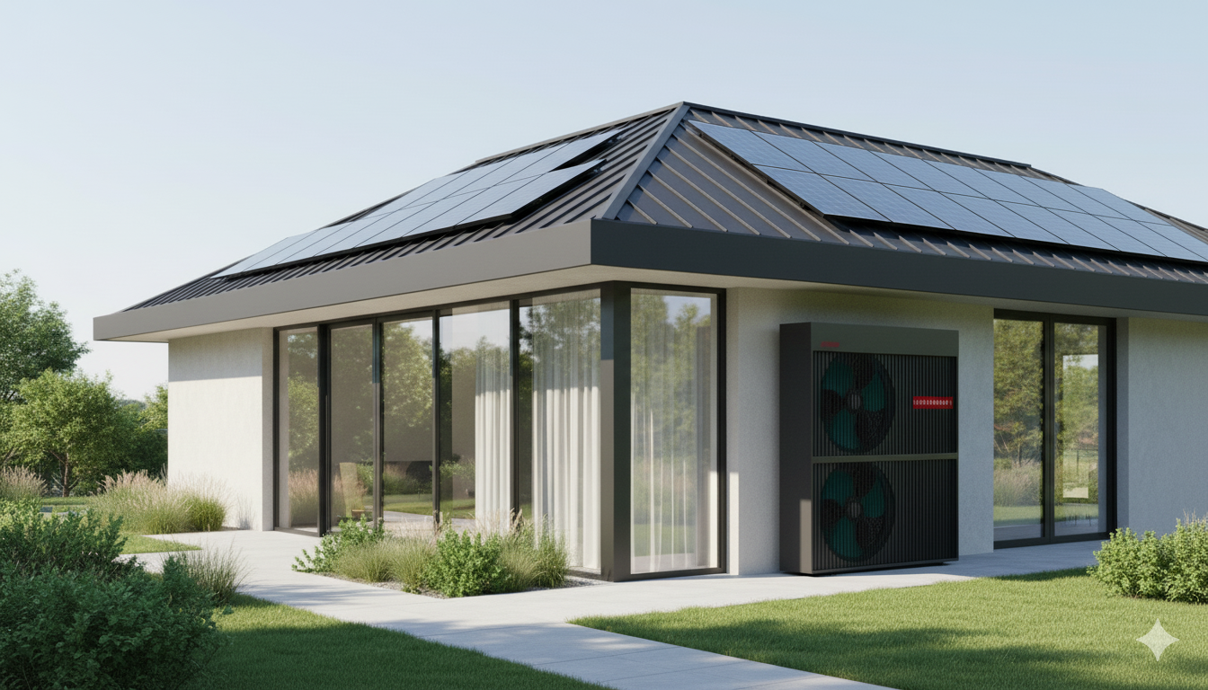 Ein modernes Haus mit Solarpanelen auf dem Dach, große Fenster und eine grüne Rasenfläche.