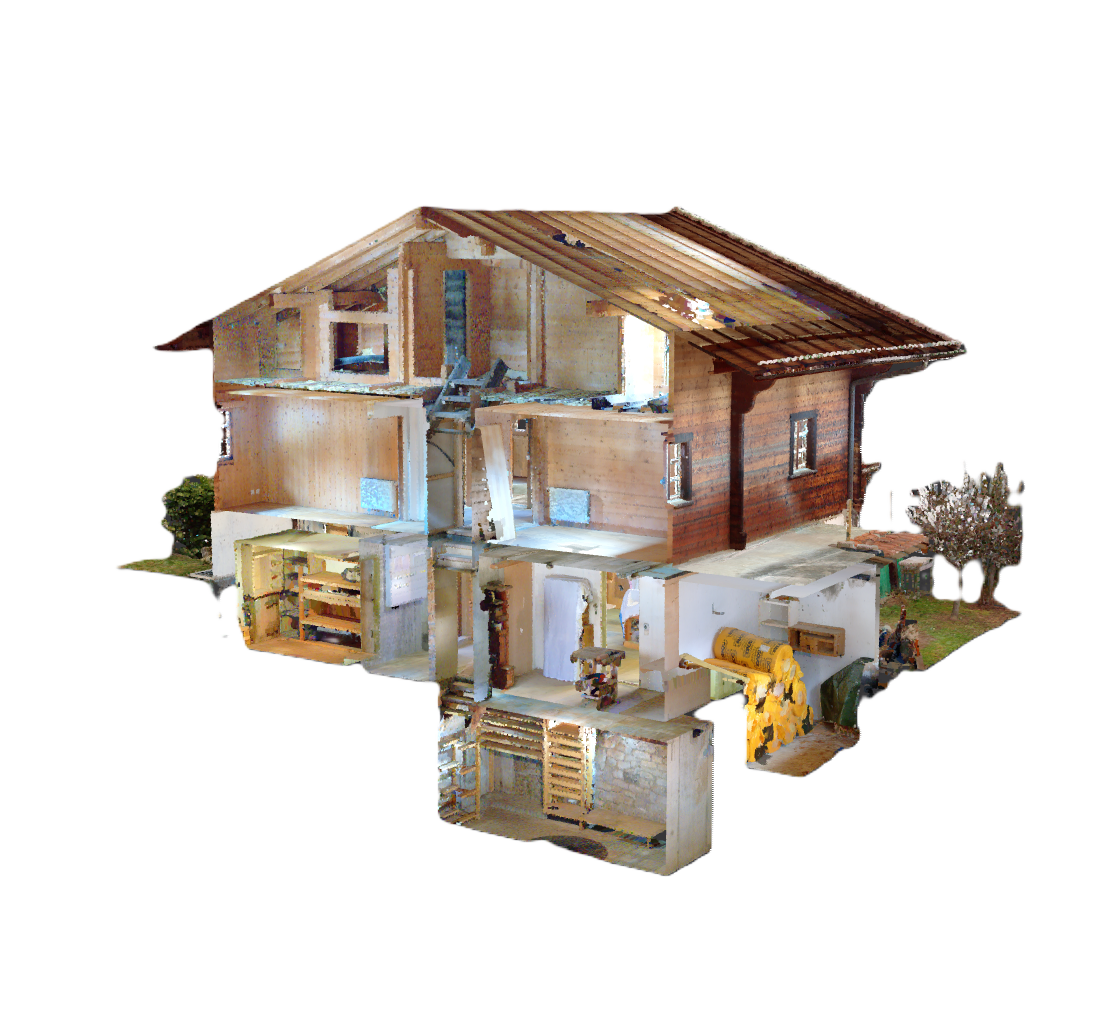 Schnitt durch ein mehrstöckiges Holzhaus mit sichtbaren Innenräumen, Wänden, Fenstern, und Außenbereichen mit Büschen und Bäumen.