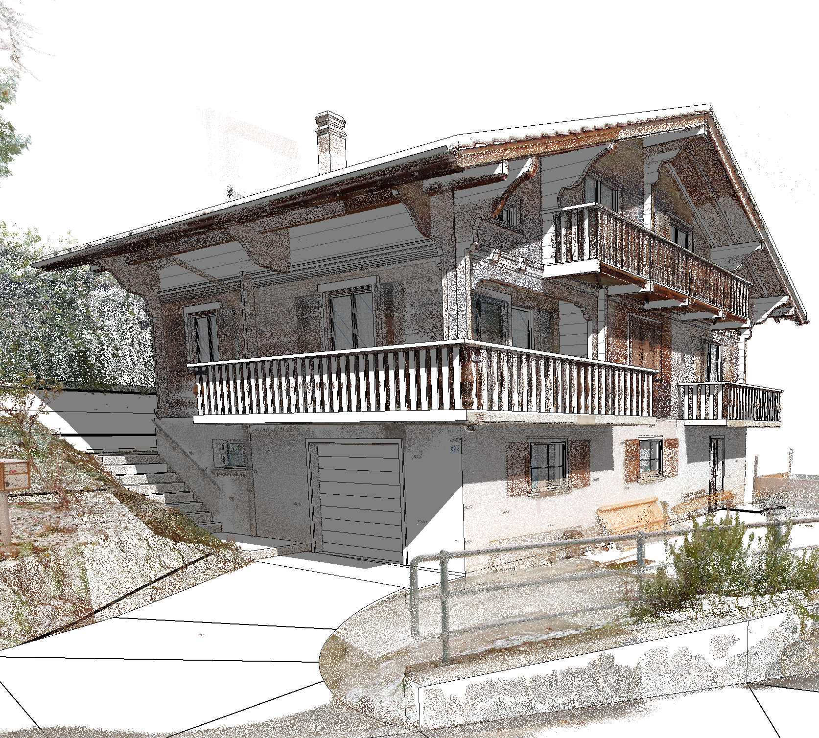 Das Bild zeigt ein mehrstöckiges Haus im Chalet-Stil mit Holzbalkonen und einem Garagentor an der unteren Etage.