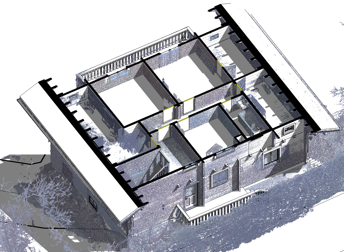 3D-Grundriss eines Hauses mit mehreren Zimmern, Fenster und Türen, im Außenbereich Schneelandschaft mit Bäumen.