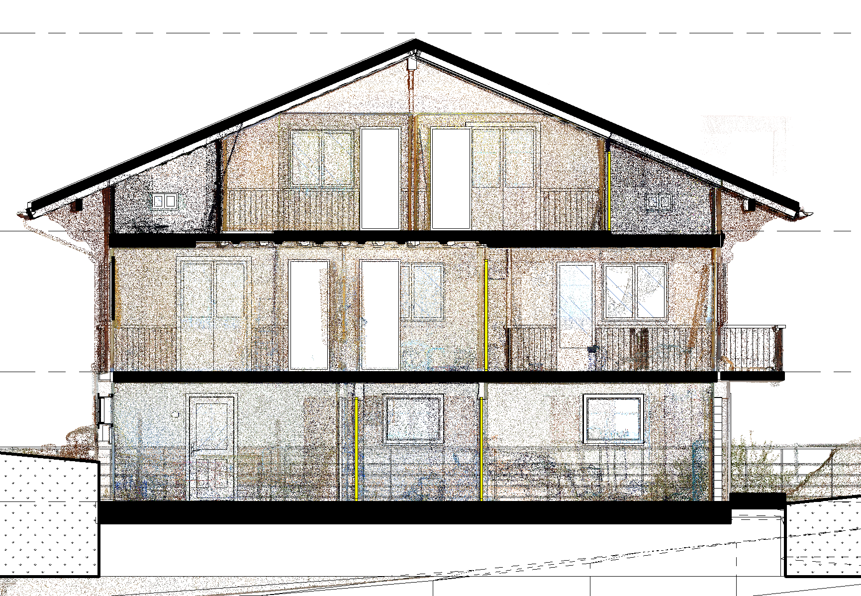 Schnittzeichnung eines Mehrfamilienhauses mit drei Stockwerken und geneigtem Dach, inklusive Fenster, Türen, Balkone und Fundament.