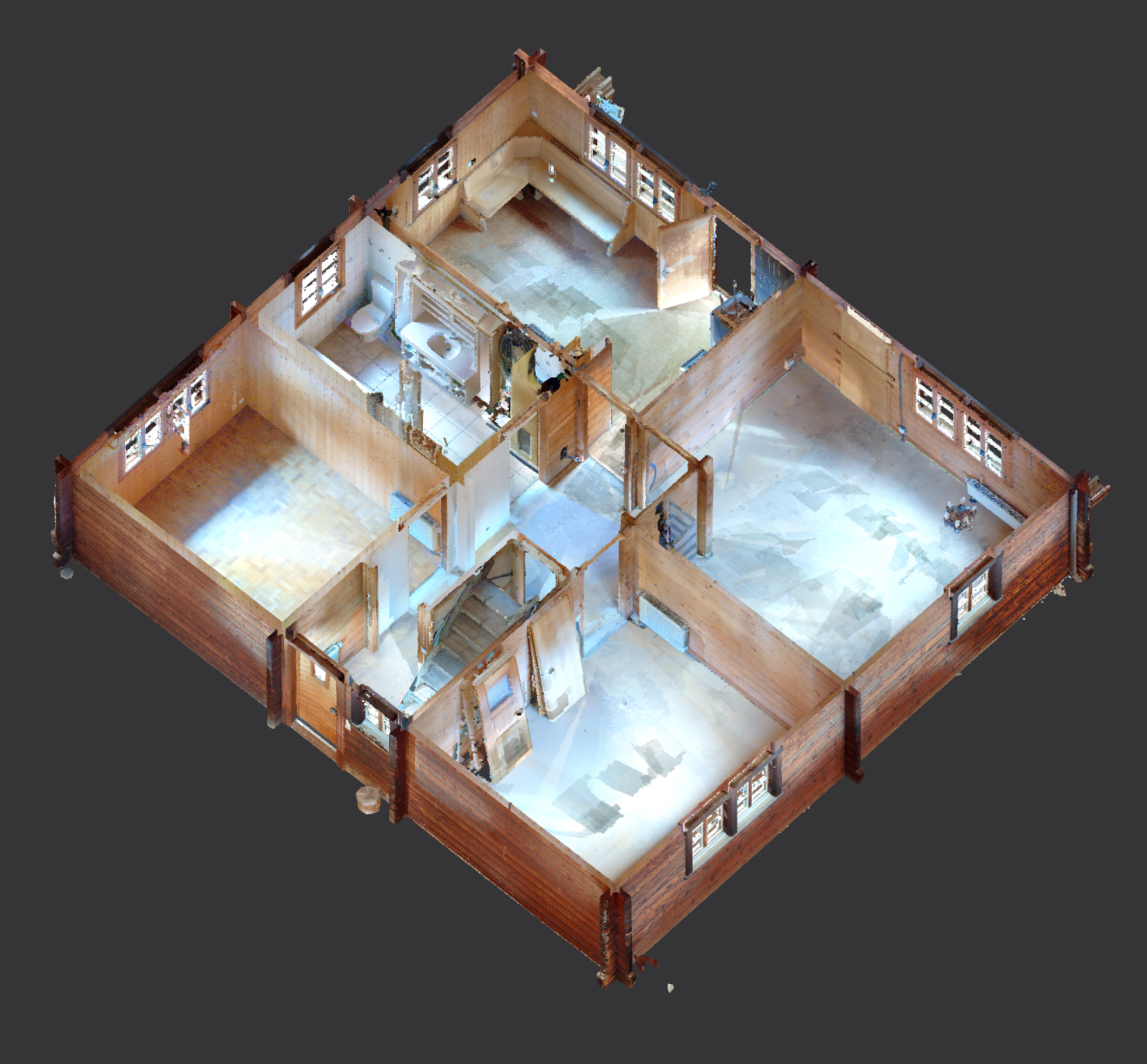 Ein 3D-Modell eines Hauses mit mehreren Räumen, einschließlich Wohnzimmer, Schlafzimmer und Badezimmer.