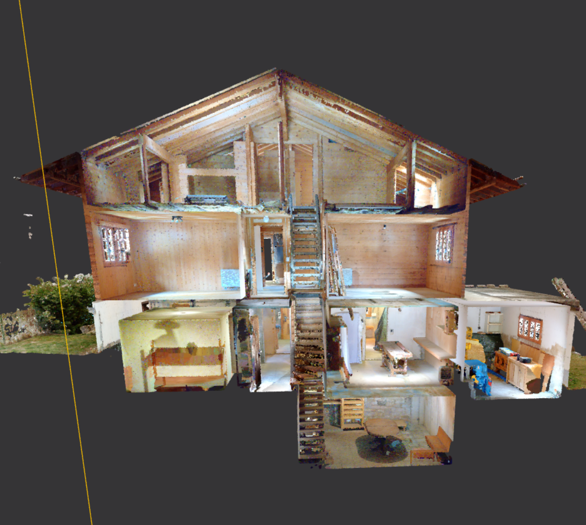 Virtueller 3D-Model eines zweistöckigen Holzhauses, sichtbar mit verschieden eingerichteten Räumen.