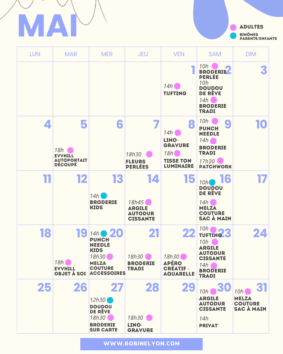 Agenda des ateliers de Bobine Lyon - Punch Needle, Broderie, Modelage d'argile autodurcissante, couture, tissage, linogravure