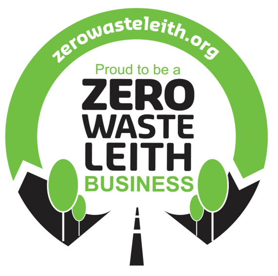 A circular green and white logo with the website zerowasteleith.org and promoting a zero waste business. The text reads "Proud to be a ZERO WASTE LEITH BUSINESS" and features stylized trees and a road.