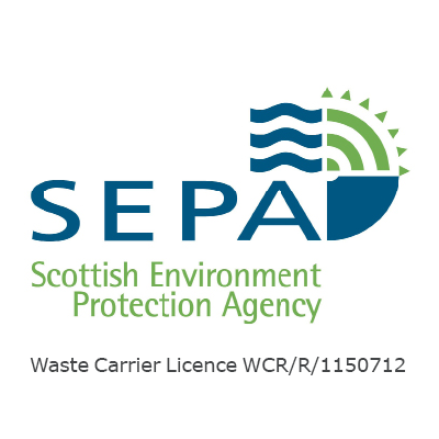 SEPA Scottish Environment Protection Agency logo with waves, a stylized sun, and text about waste carrier license.