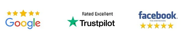 Google 5 star rating, Trustpilot Excellent rating, Facebook 5‑star reviews