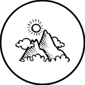 Dessin d'une montagne avec soleil et nuages dans un cercle