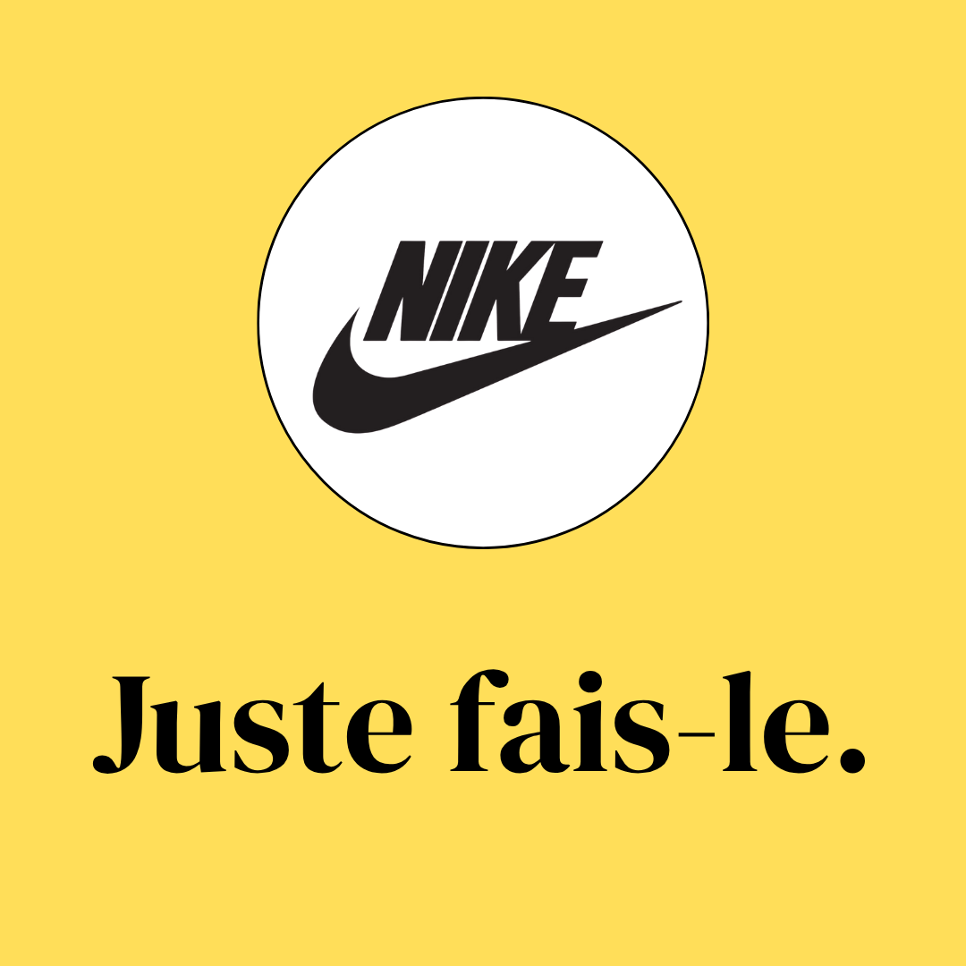 Un fond jaune avec le logo de Nike en noir et blanc dans un cercle blanc au centre, et la phrase 'Juste fais-le.' en noir en dessous.