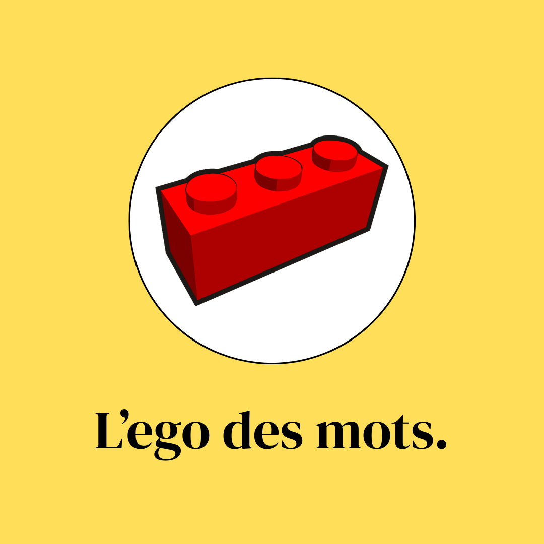 Un bloc de construction Lego rouge avec trois tenons, sur fond jaune, avec le texte "Lego des mots".
