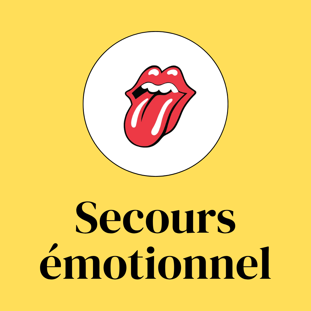 Illustration d'une bouche avec la langue sortie, avec un fond jaune et le texte 'Secours émotionnel' en dessous.