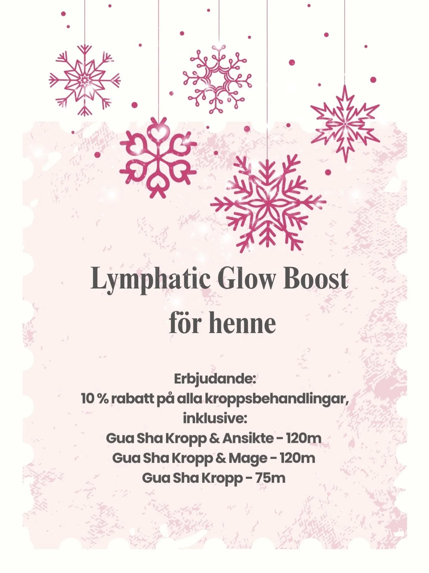 Mer glow till julen ✨ En varm, l&auml;kande boost f&ouml;r henne denna jul 🎁✨
Ge kroppen extra k&auml;rlek i vinter &ndash; och l&aring;t lymfan fl&ouml;da! ❄️
Just nu f&aring;r du 10% rabatt p&aring; alla lymfdr&auml;nerande Gua Sha-kroppsbehandlin