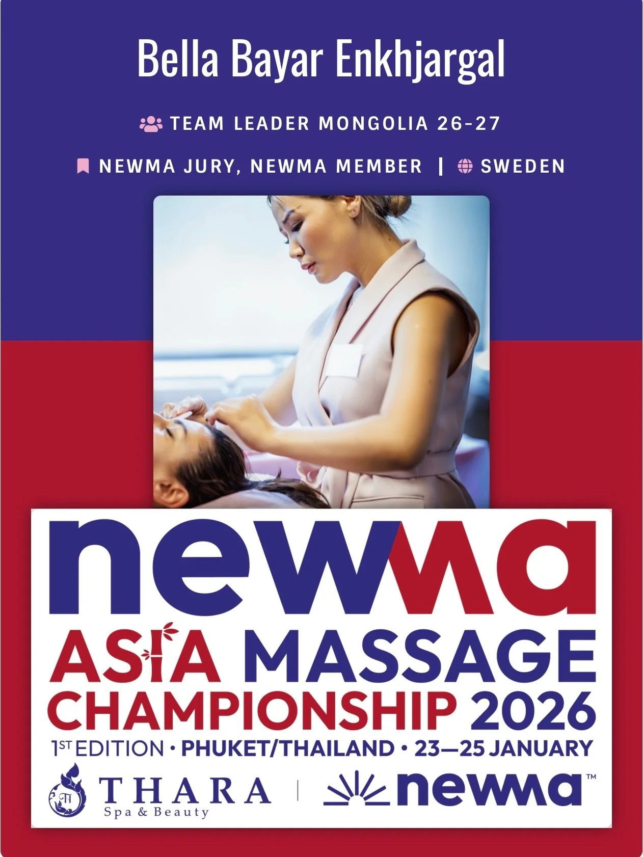 JURY &amp; TEAM LEADER &ndash; NEWMA 2026&ndash;2027✨

With heart. With responsibility. With professionalism 🤍

Under 2026 kommer jag att arbeta som jury vid:
🌏 NEWMA Asia Massage Championship &ndash; Phuket
🇪🇺 NEWMA Euro Massage Championship &nd