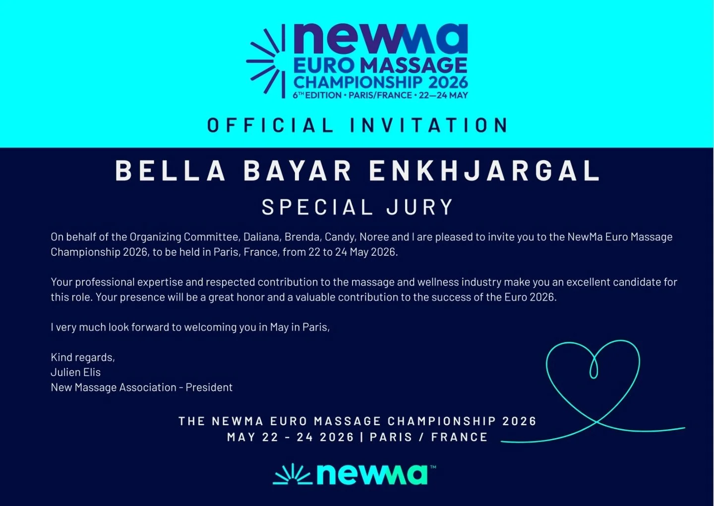 Honoured to be invited as Special Jury at the NewMa Euro Massage Championship 2026 in Paris, France &ndash; May 22&ndash;24, 2026 ✨

This prestigious international event brings together talented therapists and massage professionals from around the wo