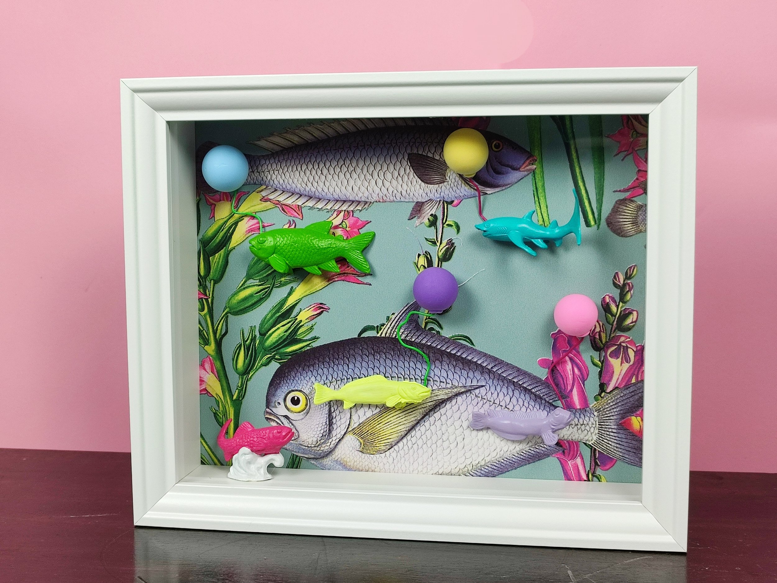 Bunter Fischschwarm im weißen Rahmen mit Beleuchtung