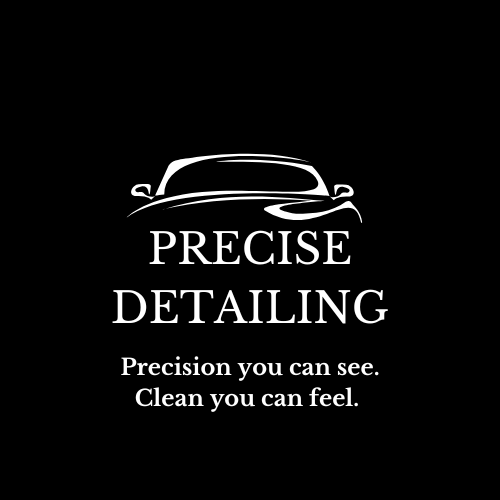 Black background with a white outline of a car's front and the text 'PRECISE DETAILING' and the tagline 'Precision you can see. Clean you can feel.'