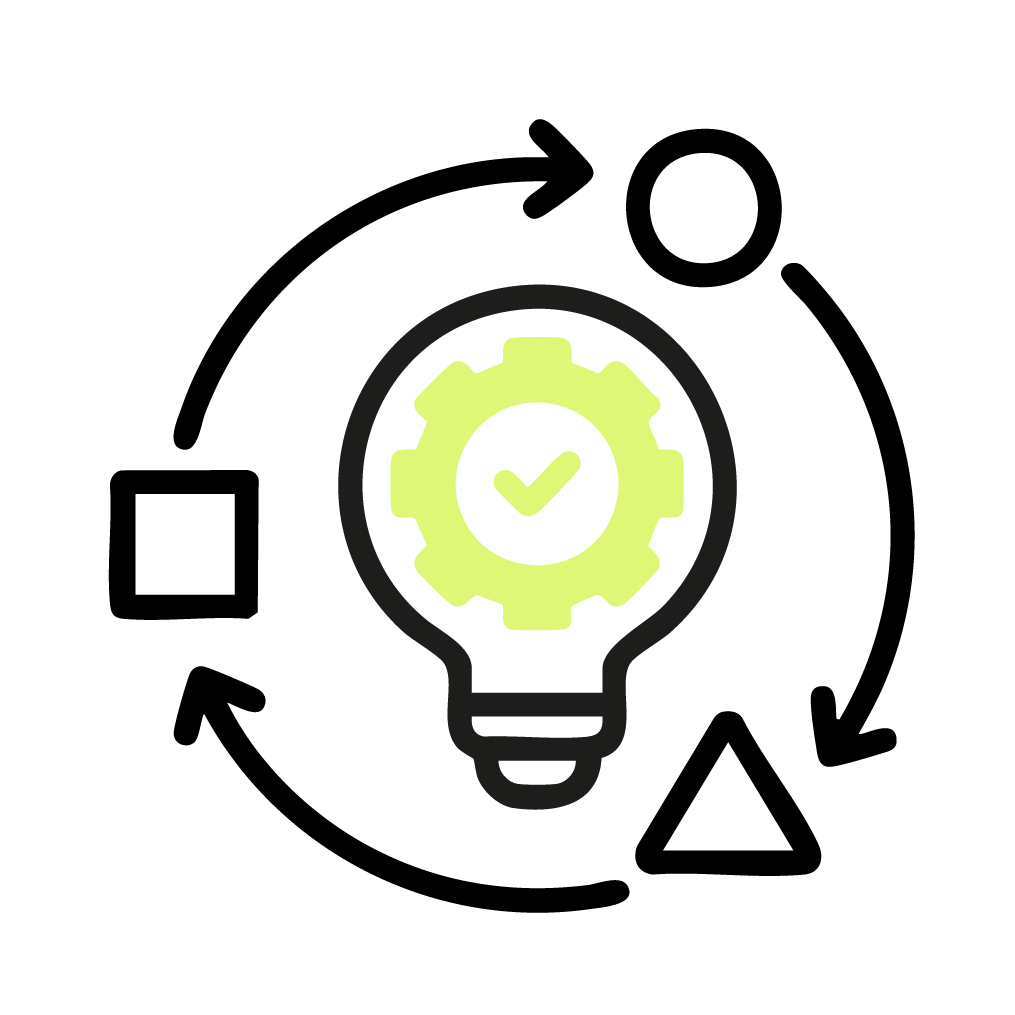 Lightbulb icon with a gear and checkmark inside, symbolizing ideas, innovation, or technical success.