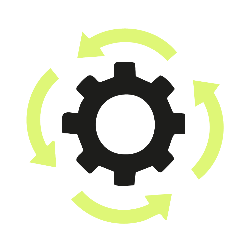 Gear icon surrounded by four light green arrows forming a cycle, representing process or automation.