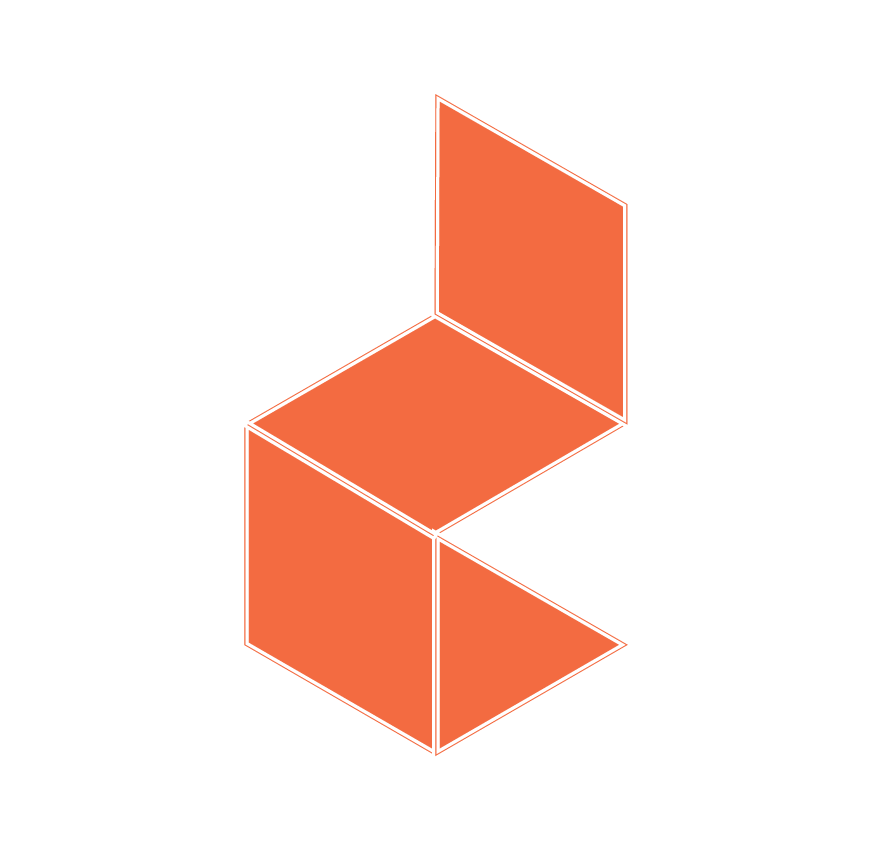 Diagramme noir avec un objet géométrique orange en 3D ressemblant à un modèle de boîte ou de meuble.