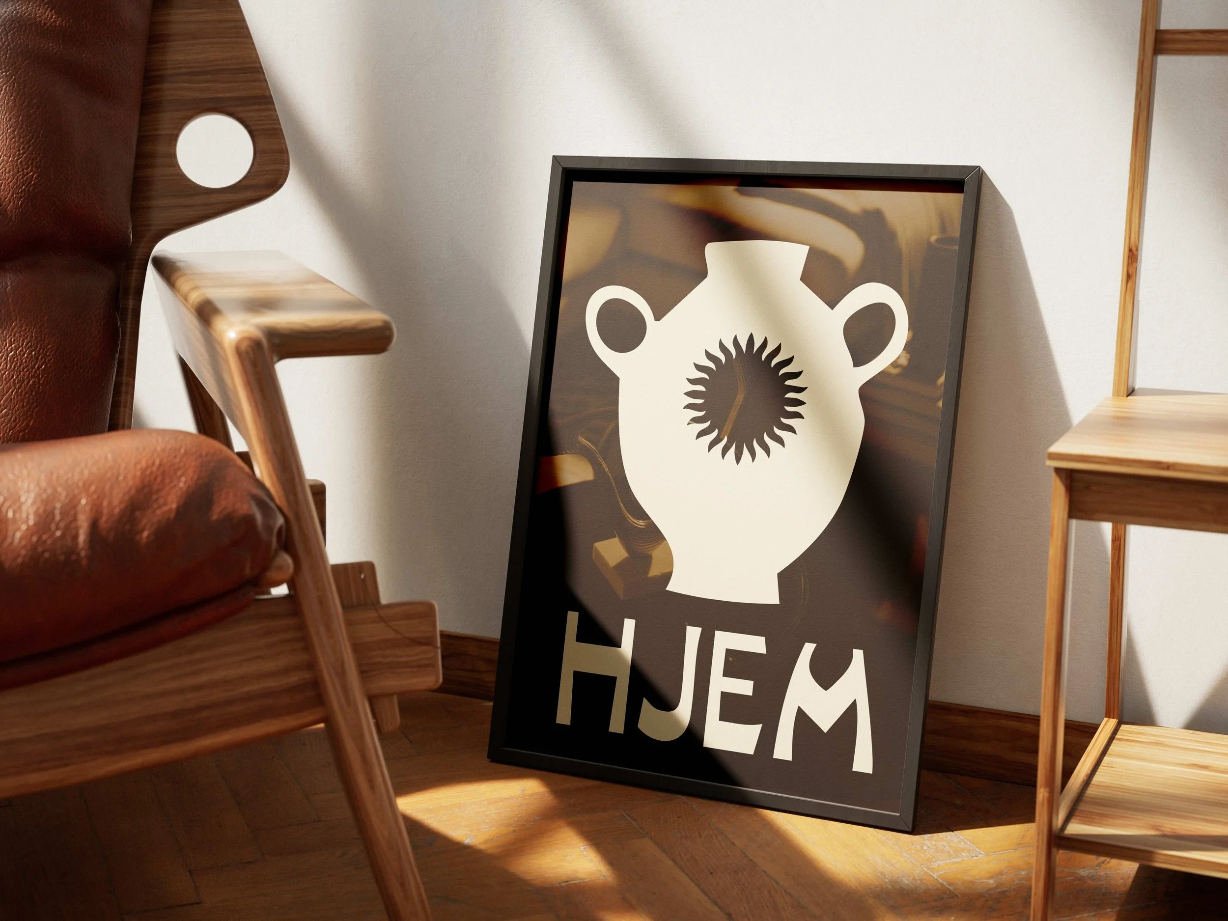 A framed poster of a white vase with a black flower in the center, leaning against a wall on a wooden floor with sunlight casting shadows.