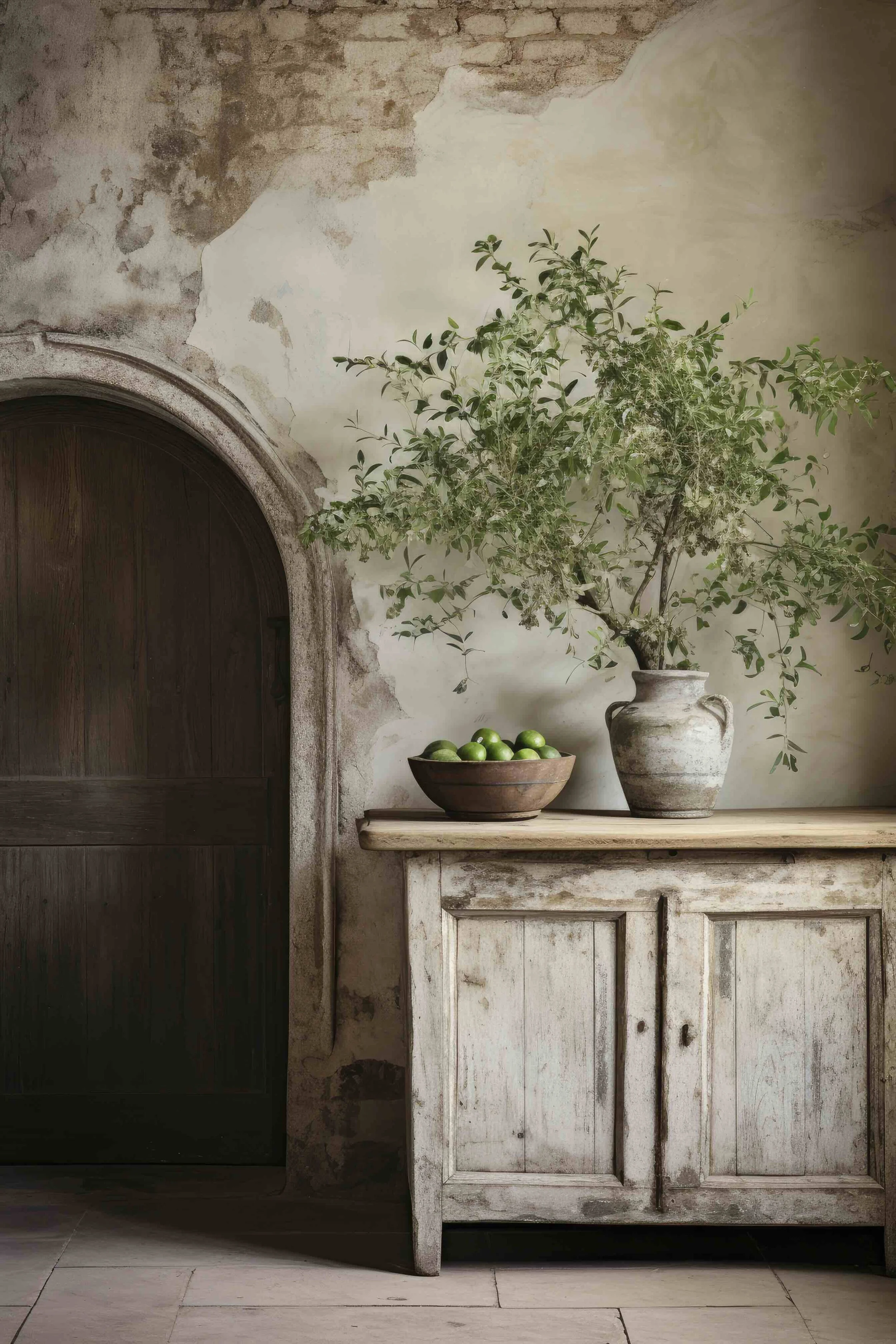 A rustic interior scene with a distressed white wooden cabinet, a bowl of green apples, and a large pottery vase with leafy branches against a textured, peeling wall and a wooden door.