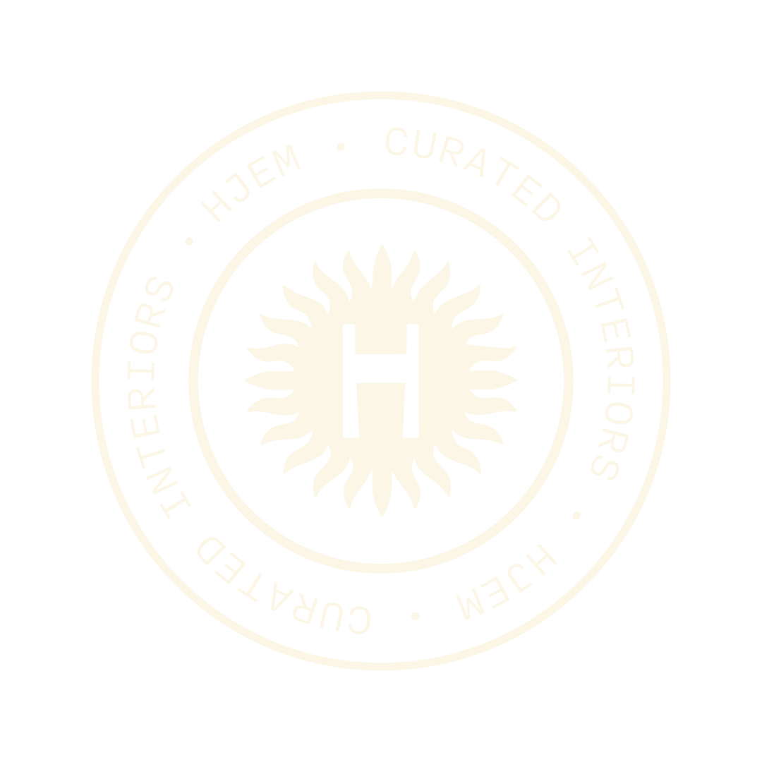 Faint emblem with a central letter H surrounded by sunburst rays and a circular text border reading "CULled INTERLORs, HJEM, CURATED, INTERLORs, CURED, HM"