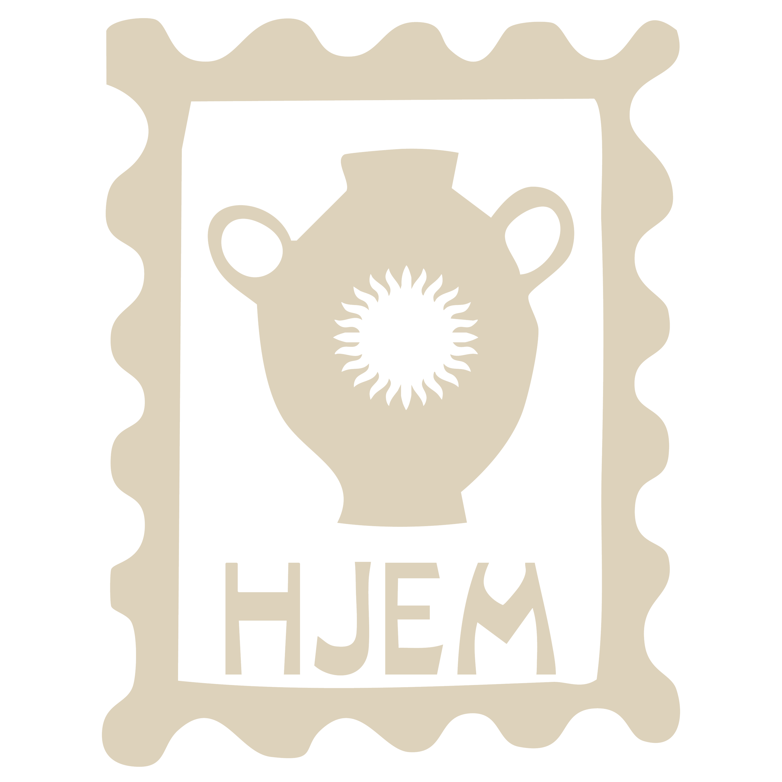 A stylized stamp or label with a vase illustration at the top, the word "HEM" written upside down at the bottom, and a circular pattern resembling a sun or burst in the center.