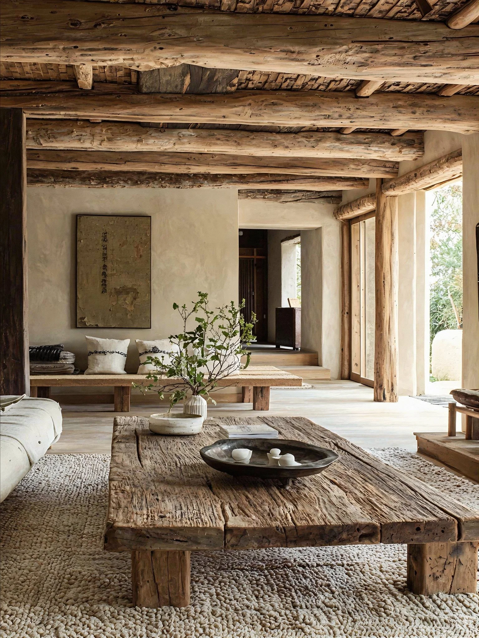 A rustic interior living room with a low wooden coffee table, a beige sofa on the left, a plant in a white vase on the table, and a textured cream-colored rug. The room features a wooden beam ceiling, large windows with wooden frames, and natural light, with steps leading to another room in the background.
