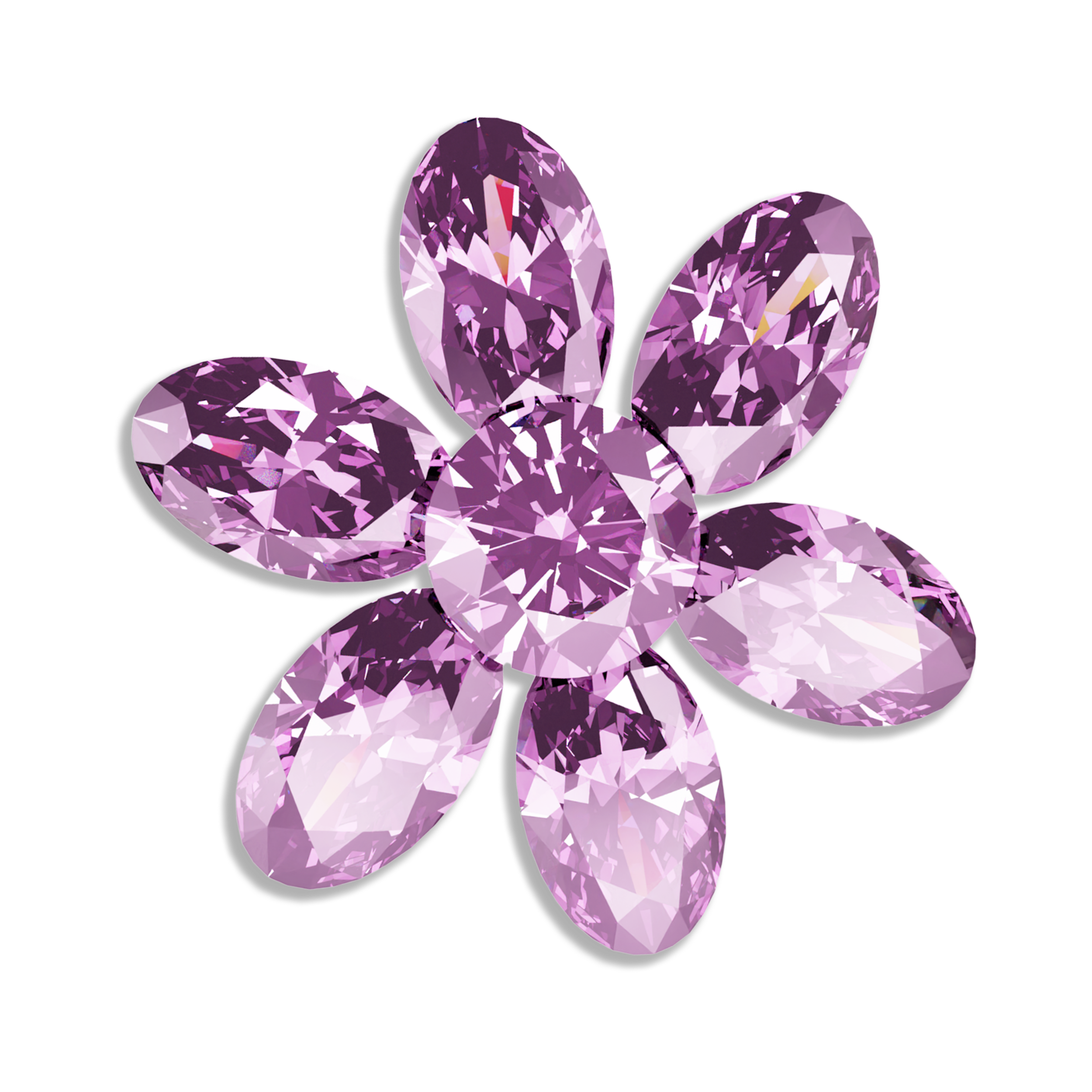Pink gemstone flower with six petals on a black background.