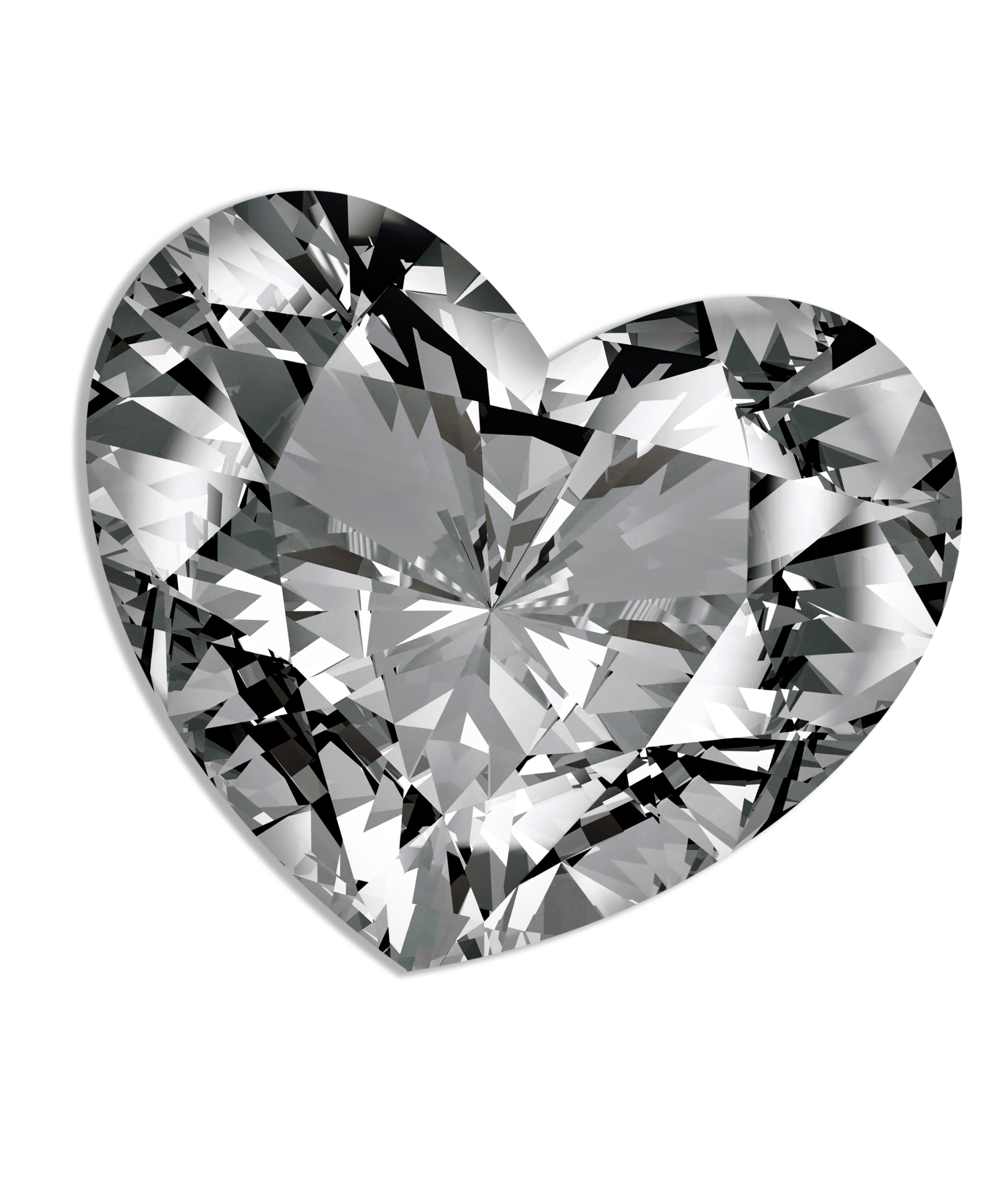 A close-up of a heart-shaped diamond with many facets reflecting light.